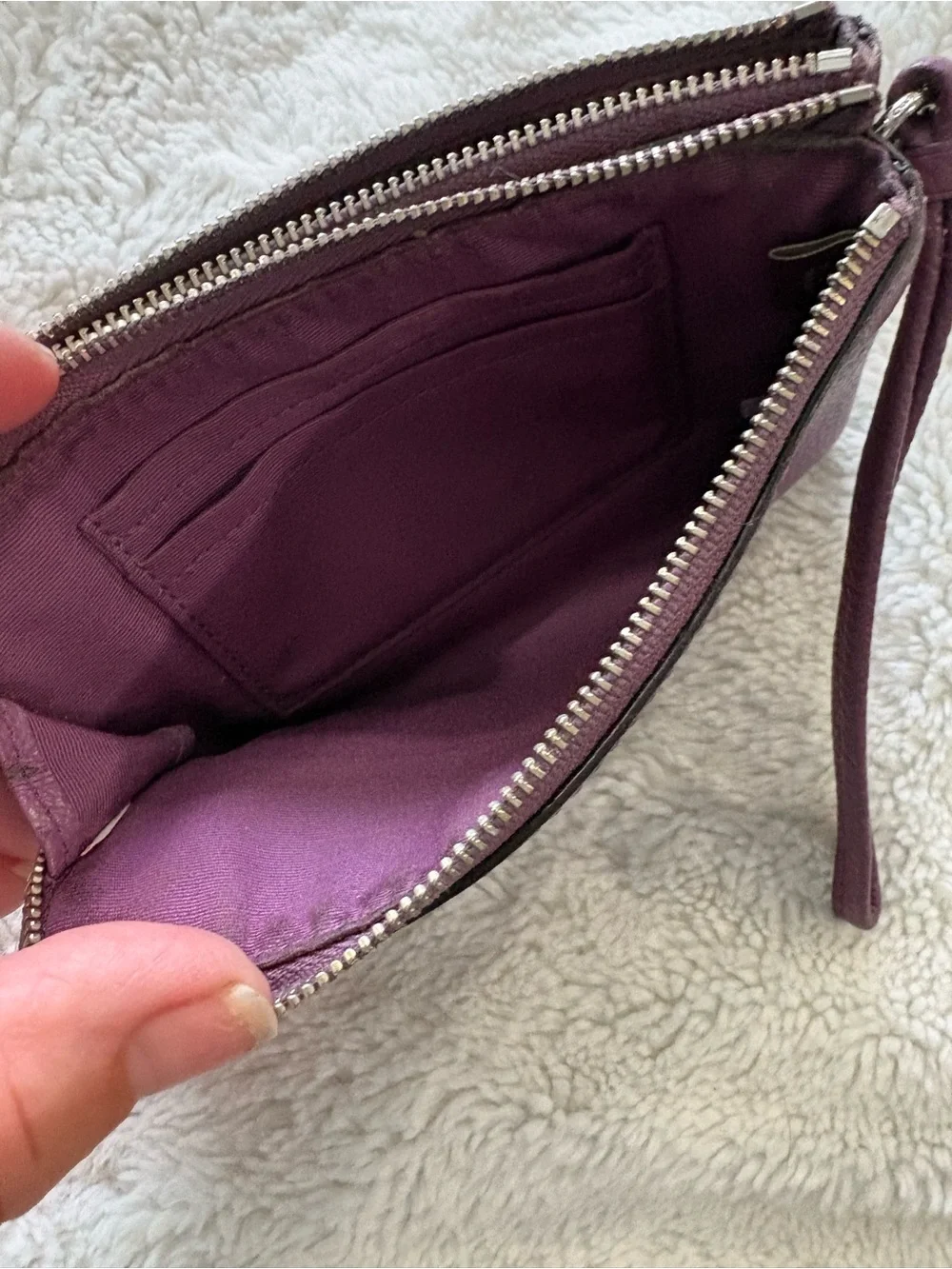 COACH Plum Pebbled Leather Double Zippered Wristlet Clutch